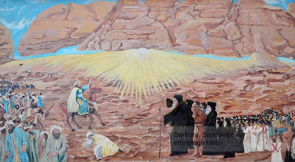 The illustration of the miracle ´Moving the Mokattam mountain´ by Saint Simon. On the left side we can see the Caliph Al-Mu´izz in the horse saddle. On the right side is the Coptic Patriarch Abraham holding a crucifix, behind him is the Saint Simon. Photo: Barbora Sajmovicova, 2011, Nikon D3100.