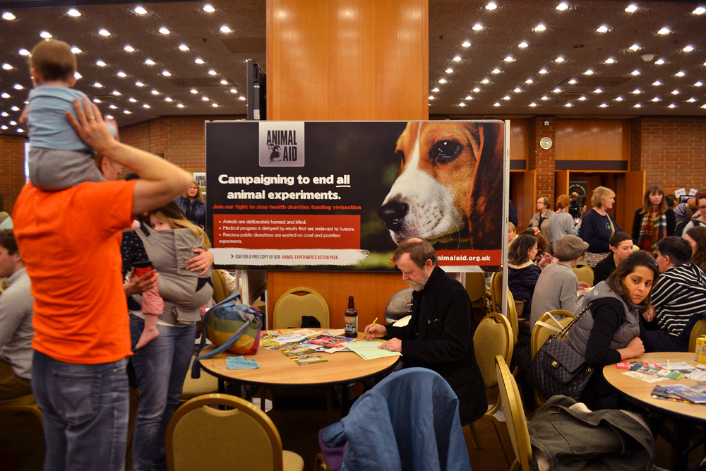 The view on the panel of Animal Aid indicating the suffering of laboratory animals. Photo: Barbora Sajmovicova, 2015. 